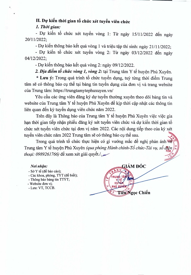 Thông báo gia hạn thời gian tiếp nhận Phiếu đăng ký dự xét tuyển viên chức và dự kiến thời gian xét tuyển viên chức vào làm việc tại Trung tâm Y tế huyện Phú Xuyên (2)